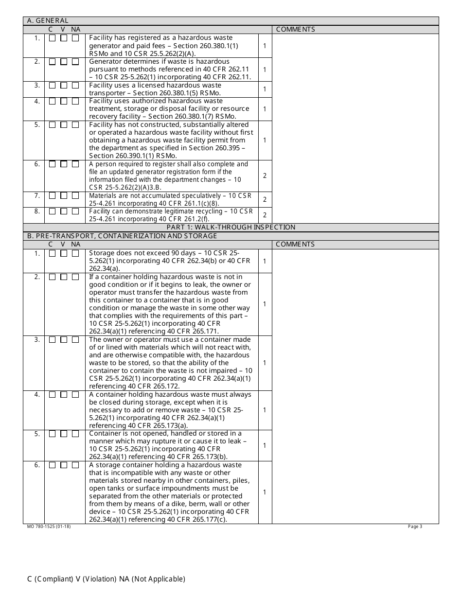 Form MO780-1525 Large Quantity Generator Inspection Checklist - Hazardous Waste Program - Missouri, Page 3