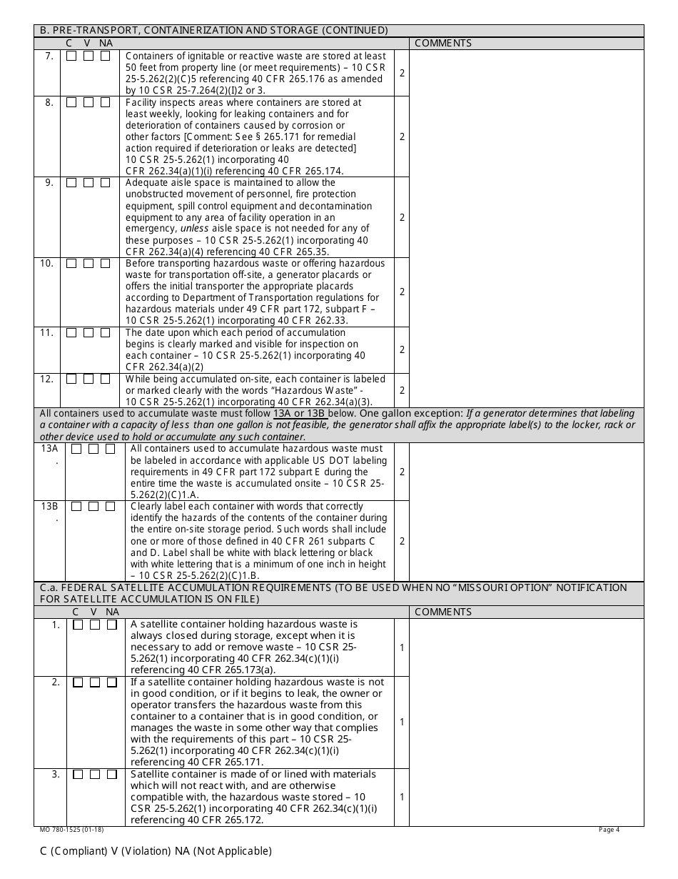 Form MO780-1525 Large Quantity Generator Inspection Checklist - Hazardous Waste Program - Missouri, Page 4