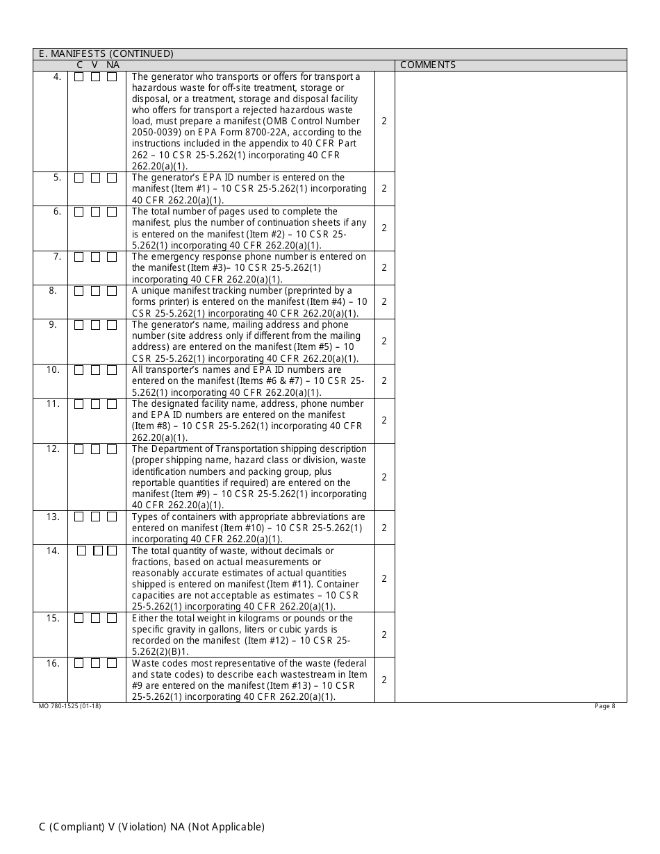 Form MO780-1525 Large Quantity Generator Inspection Checklist - Hazardous Waste Program - Missouri, Page 8