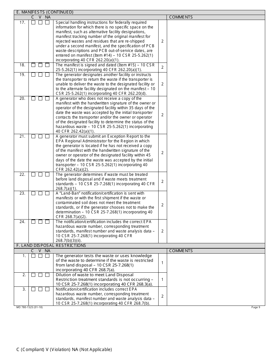 Form MO780-1525 Large Quantity Generator Inspection Checklist - Hazardous Waste Program - Missouri, Page 9