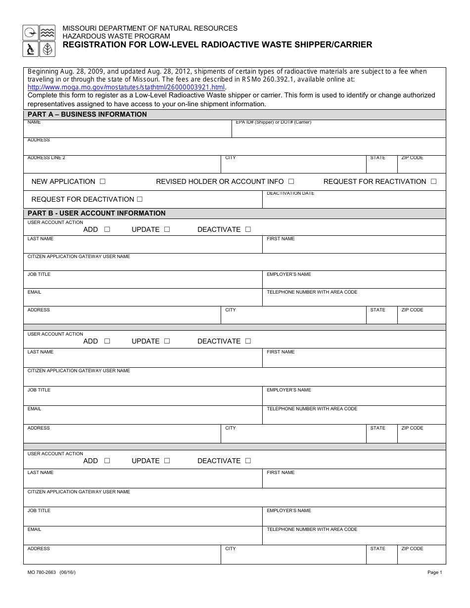 Form MO780-2663 Registration for Low-Level Radioactive Waste Shipper / Carrier - Hazardous Waste Program - Missouri, Page 1