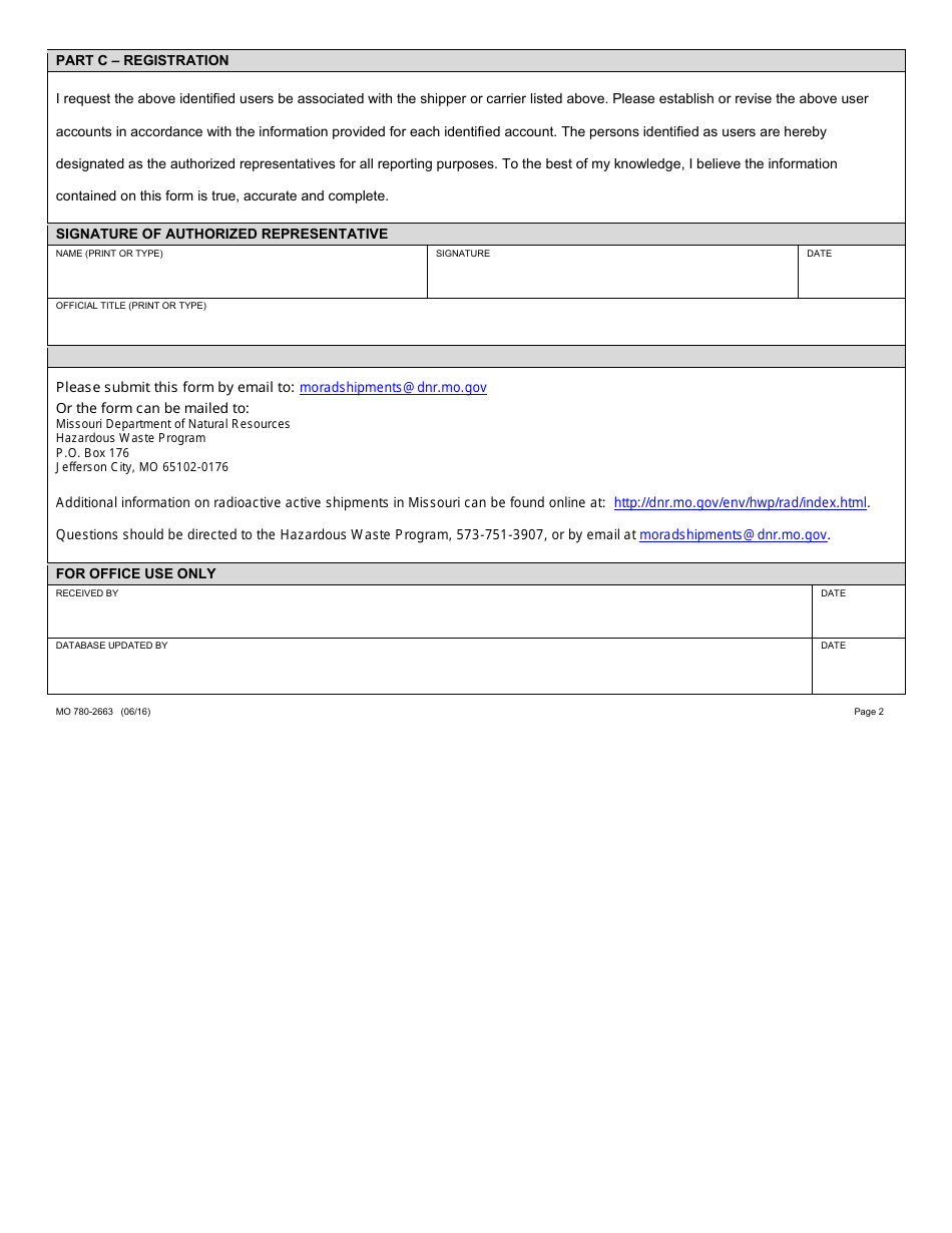 Form MO780-2663 Registration for Low-Level Radioactive Waste Shipper / Carrier - Hazardous Waste Program - Missouri, Page 2