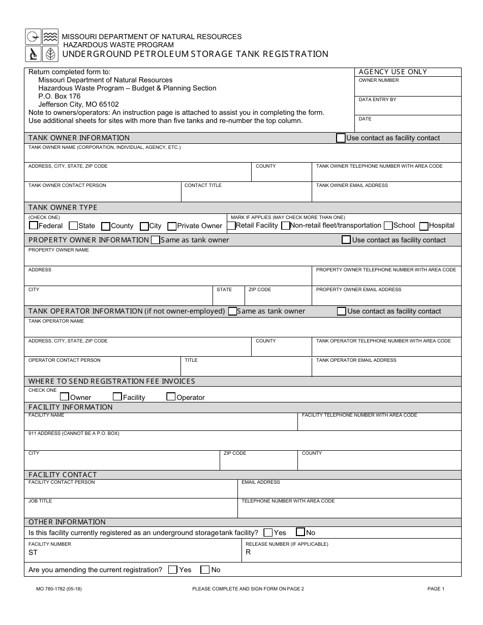Form MO780-1782 Underground Petroleum Storage Tank Registration - Hazardous Waste Program - Missouri, Page 1