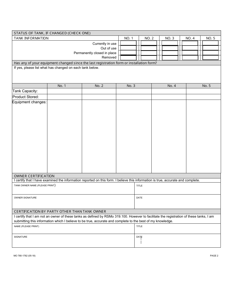 Form MO780-1782 Underground Petroleum Storage Tank Registration - Hazardous Waste Program - Missouri, Page 2