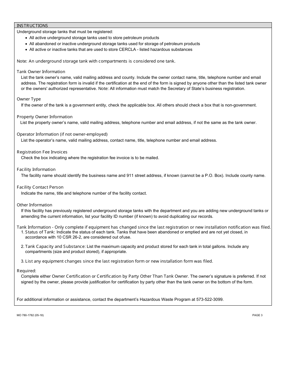 Form MO780-1782 Underground Petroleum Storage Tank Registration - Hazardous Waste Program - Missouri, Page 3