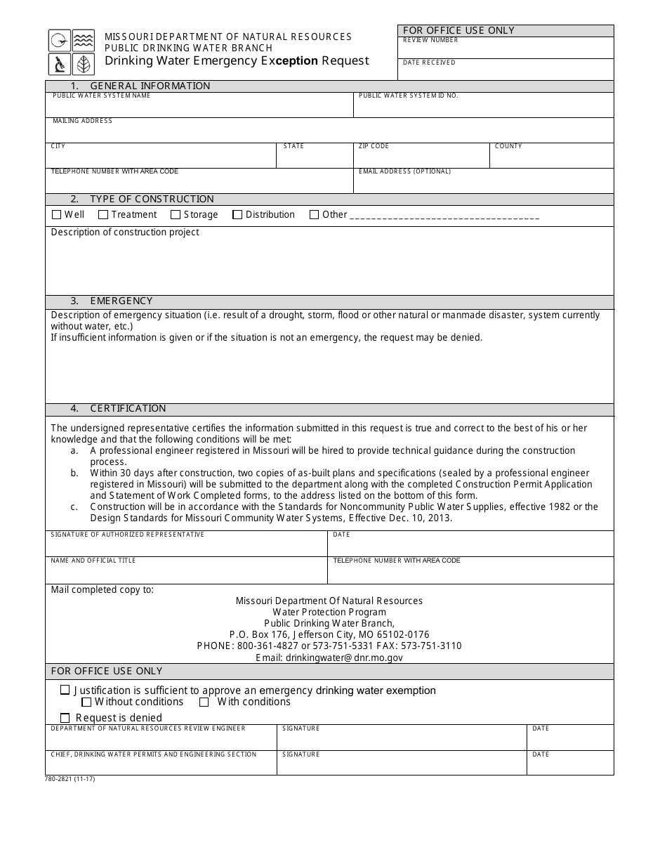 Form MO780-2821 Drinking Water Emergency Exception Request - Missouri, Page 1
