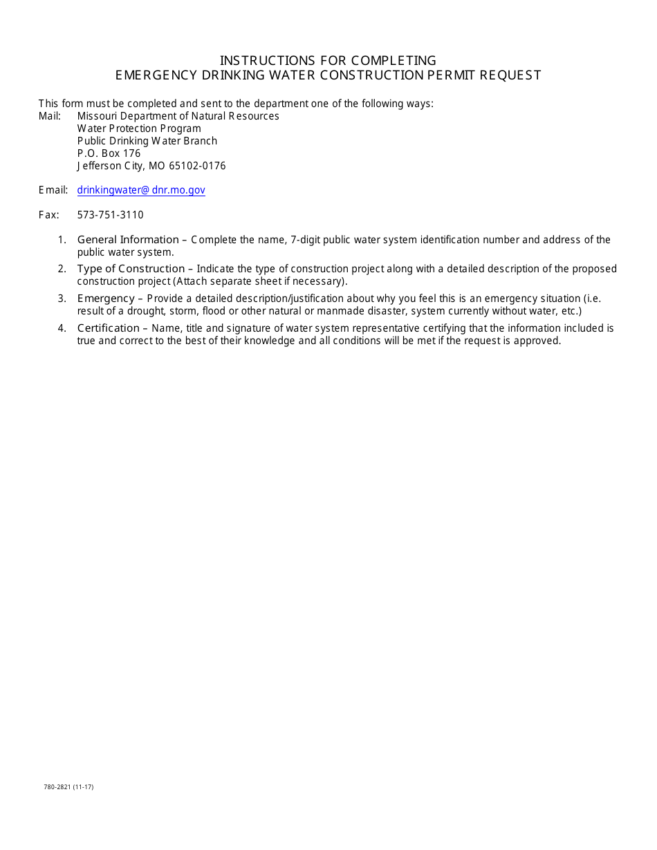 Form MO780-2821 Drinking Water Emergency Exception Request - Missouri, Page 2