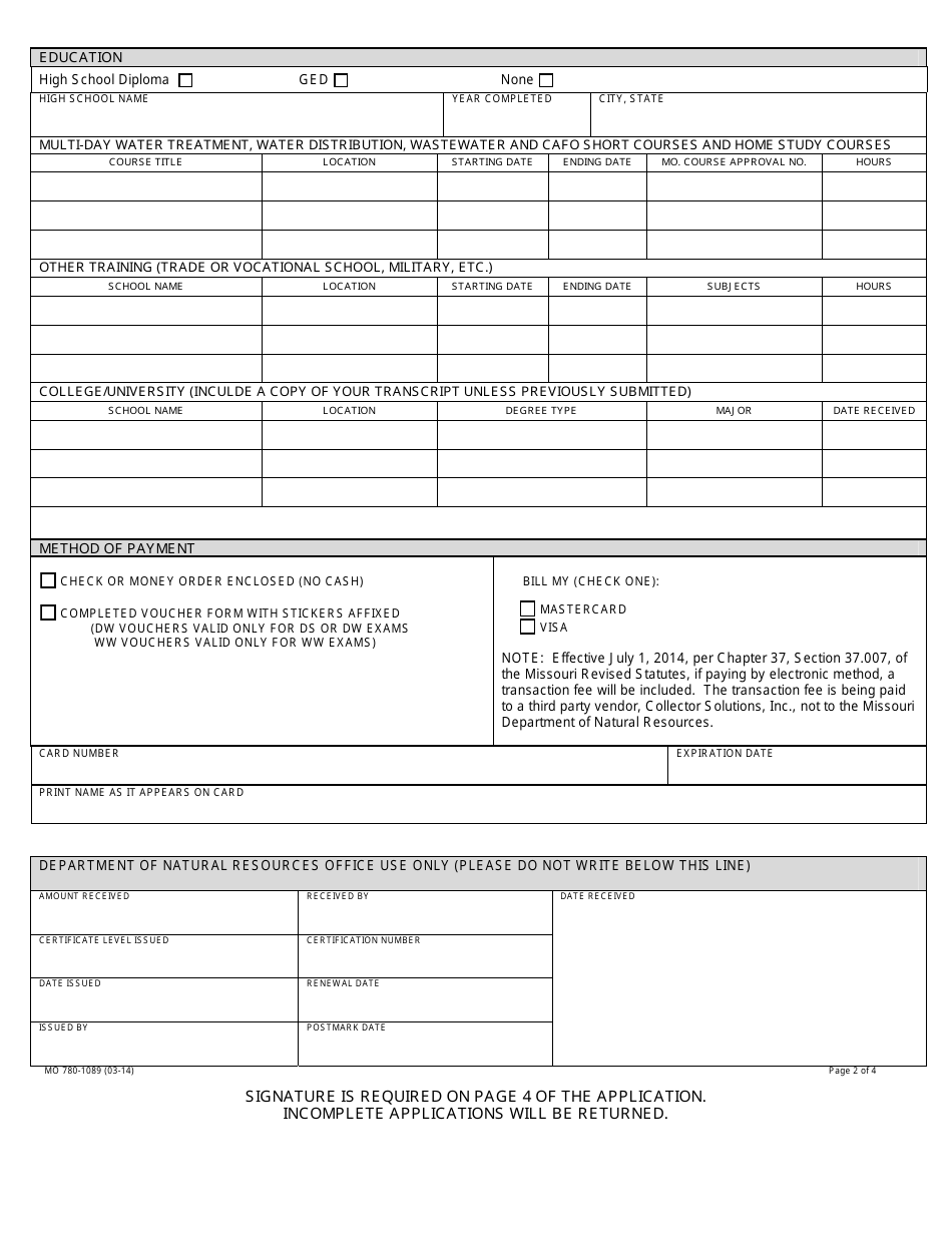 Form MO780-1089 Application: Examination for Drinking Water Treatment, Water Distribution, Wastewater Treatment or Concentrated Animal Feeding Operations (Cafo) Waste Management Systems Operator Certificate - Missouri, Page 2
