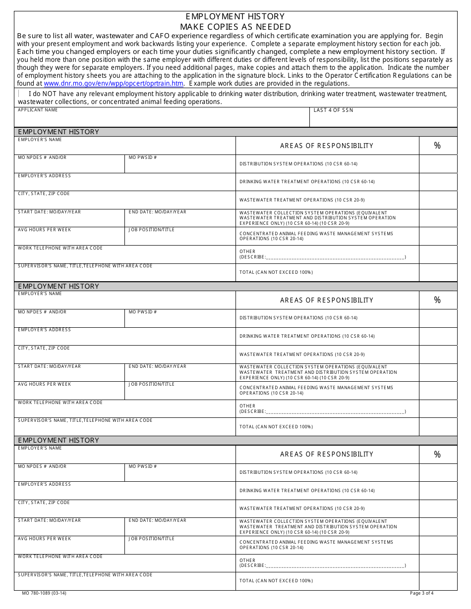 Form MO780-1089 Application: Examination for Drinking Water Treatment, Water Distribution, Wastewater Treatment or Concentrated Animal Feeding Operations (Cafo) Waste Management Systems Operator Certificate - Missouri, Page 3
