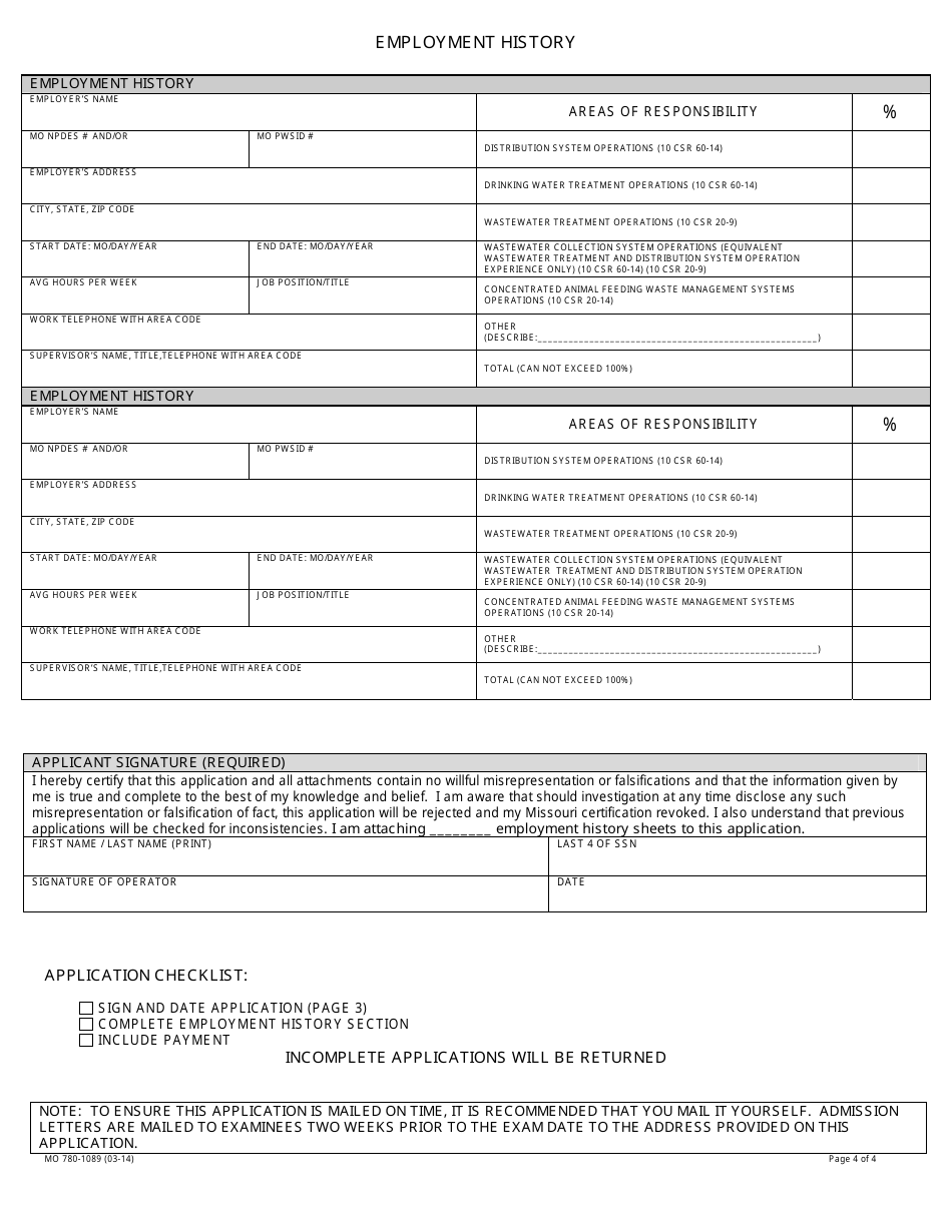 Form MO780-1089 Application: Examination for Drinking Water Treatment, Water Distribution, Wastewater Treatment or Concentrated Animal Feeding Operations (Cafo) Waste Management Systems Operator Certificate - Missouri, Page 4