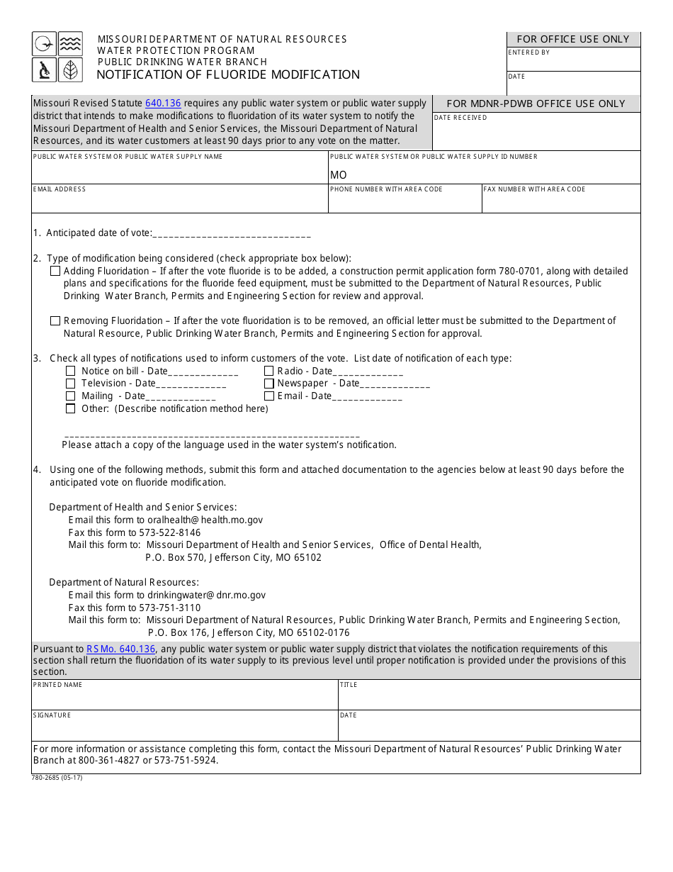 Form MO780-2685 Notification of Fluoride Modification - Water Protection Program - Missouri, Page 1