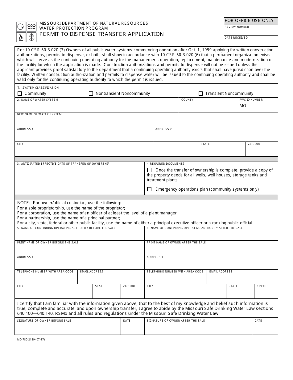 Form MO780-2139 Permit to Dispense Transfer Application - Water Protection Program - Missouri, Page 1