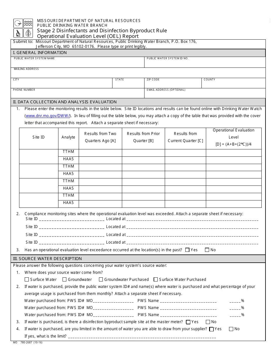 Form MO780-2687 Stage 2 Disinfectants and Disinfection Byproduct Rule Operational Evaluation Level (Oel) Report - Missouri, Page 1