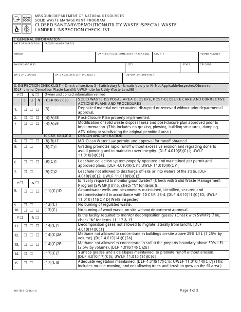 Form MO780-0105 Closed Sanitary/Demolition/Utility Waste /Special Waste Landfill Inspection Checklist - Solid Waste Management Program - Missouri