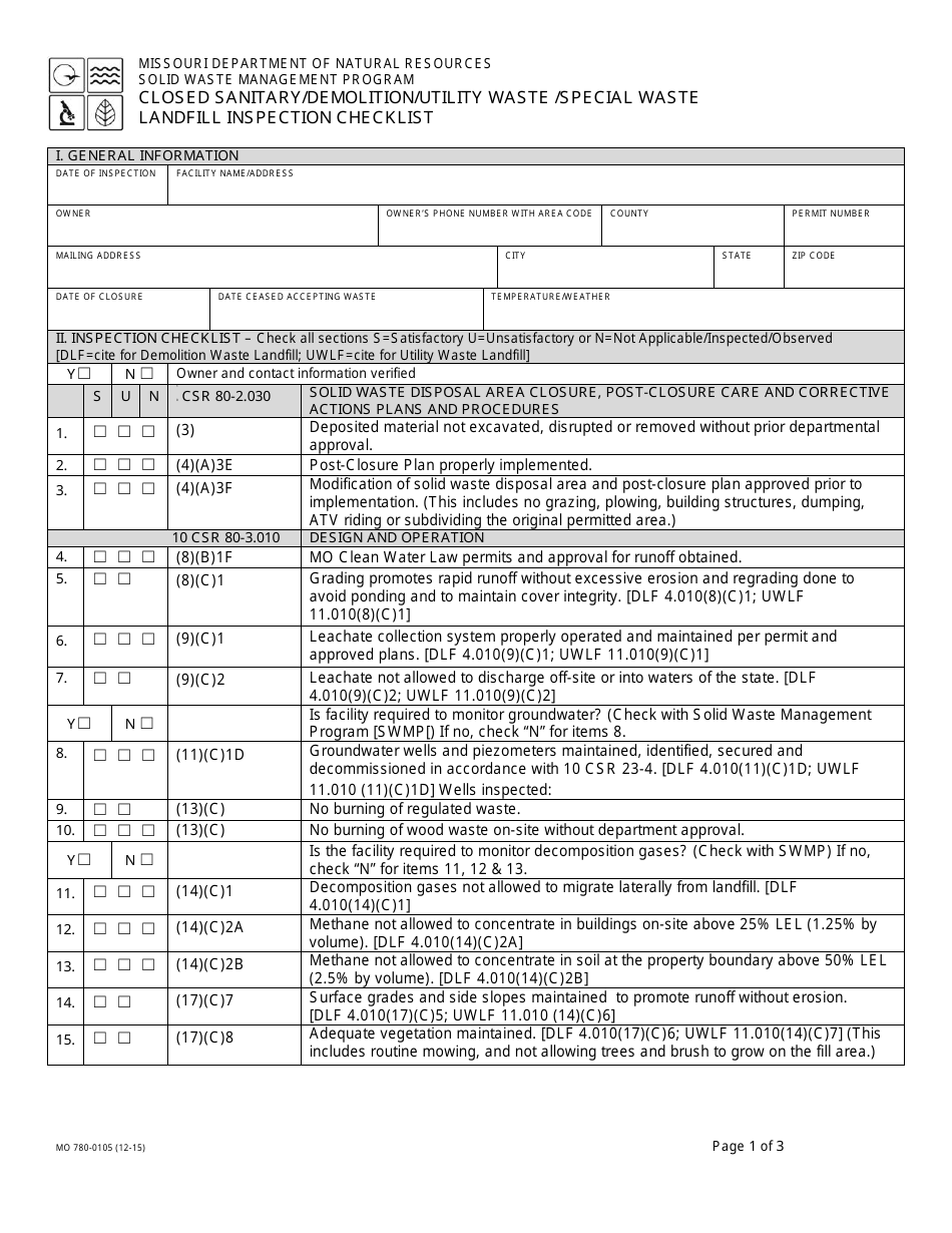 Form MO780-0105 Closed Sanitary / Demolition / Utility Waste / Special Waste Landfill Inspection Checklist - Solid Waste Management Program - Missouri, Page 1
