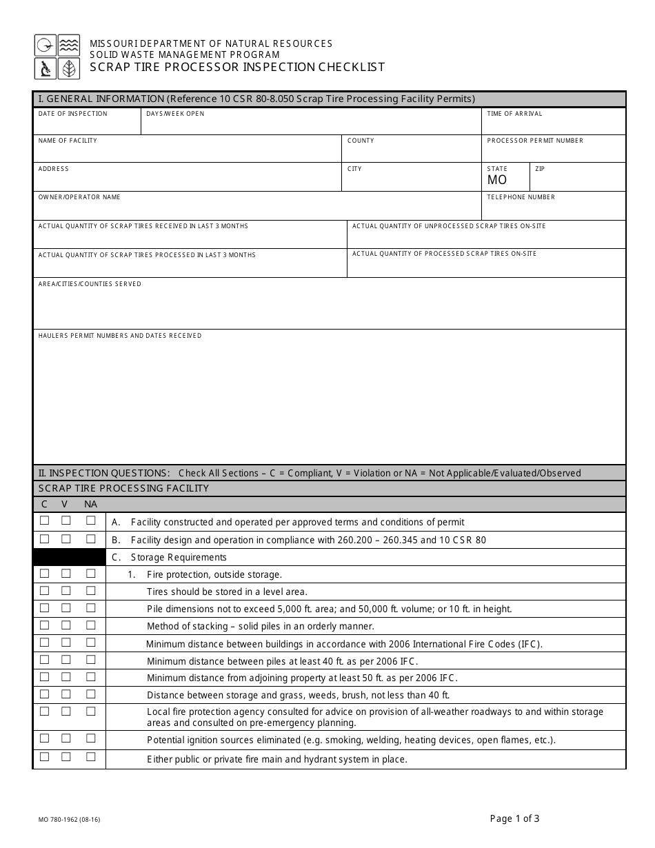 Form MO780-1962 Scrap Tire Processor Inspection Checklist - Solid Waste Management Program - Missouri, Page 1