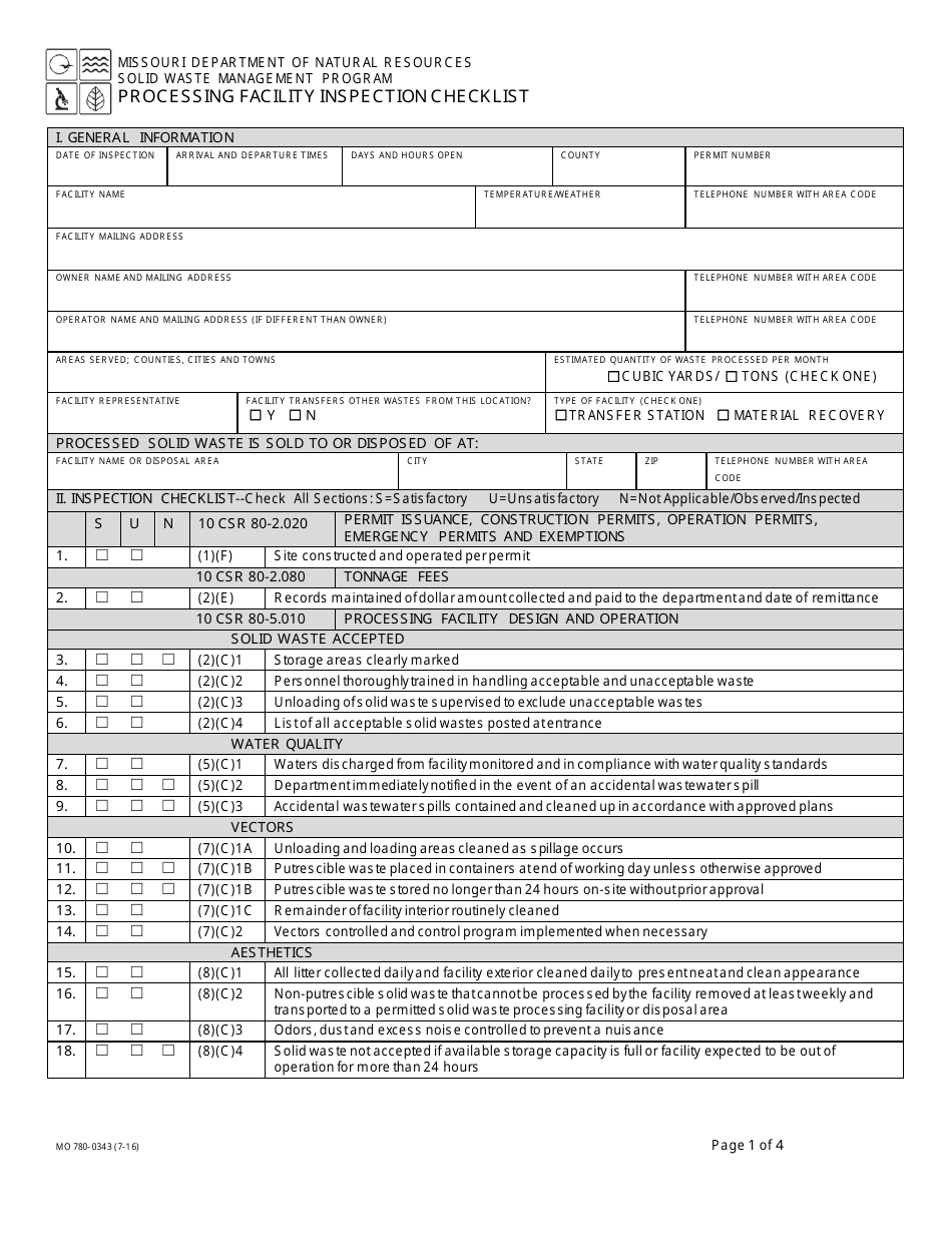 Form MO780-0343 Processing Facility Inspection Checklist - Solid Waste Management Program - Missouri, Page 1
