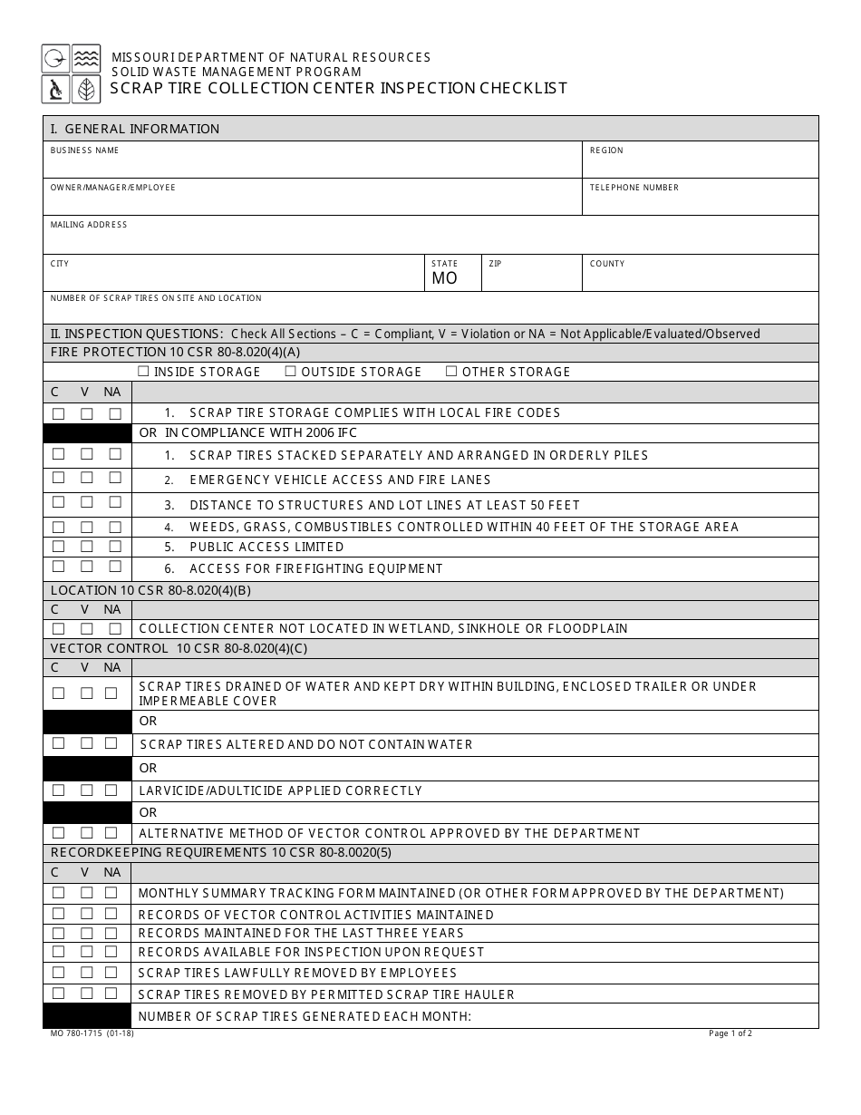 Form MO780-1715 Scrap Tire Collection Center Inspection Checklist - Solid Waste Management Program - Missouri, Page 1