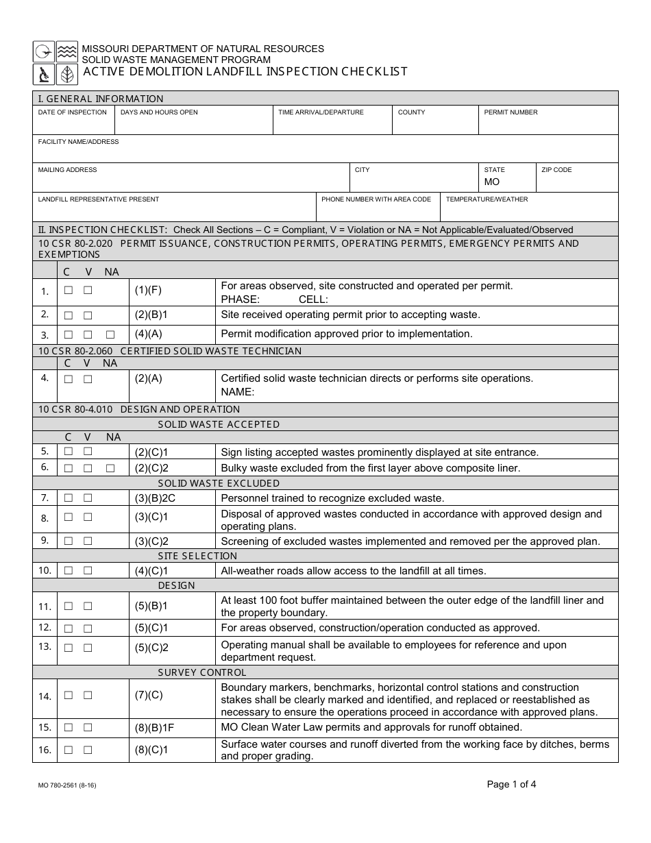 Form MO780-2561 Active Demolition Landfill Inspection Checklist - Solid Waste Management Program - Missouri, Page 1
