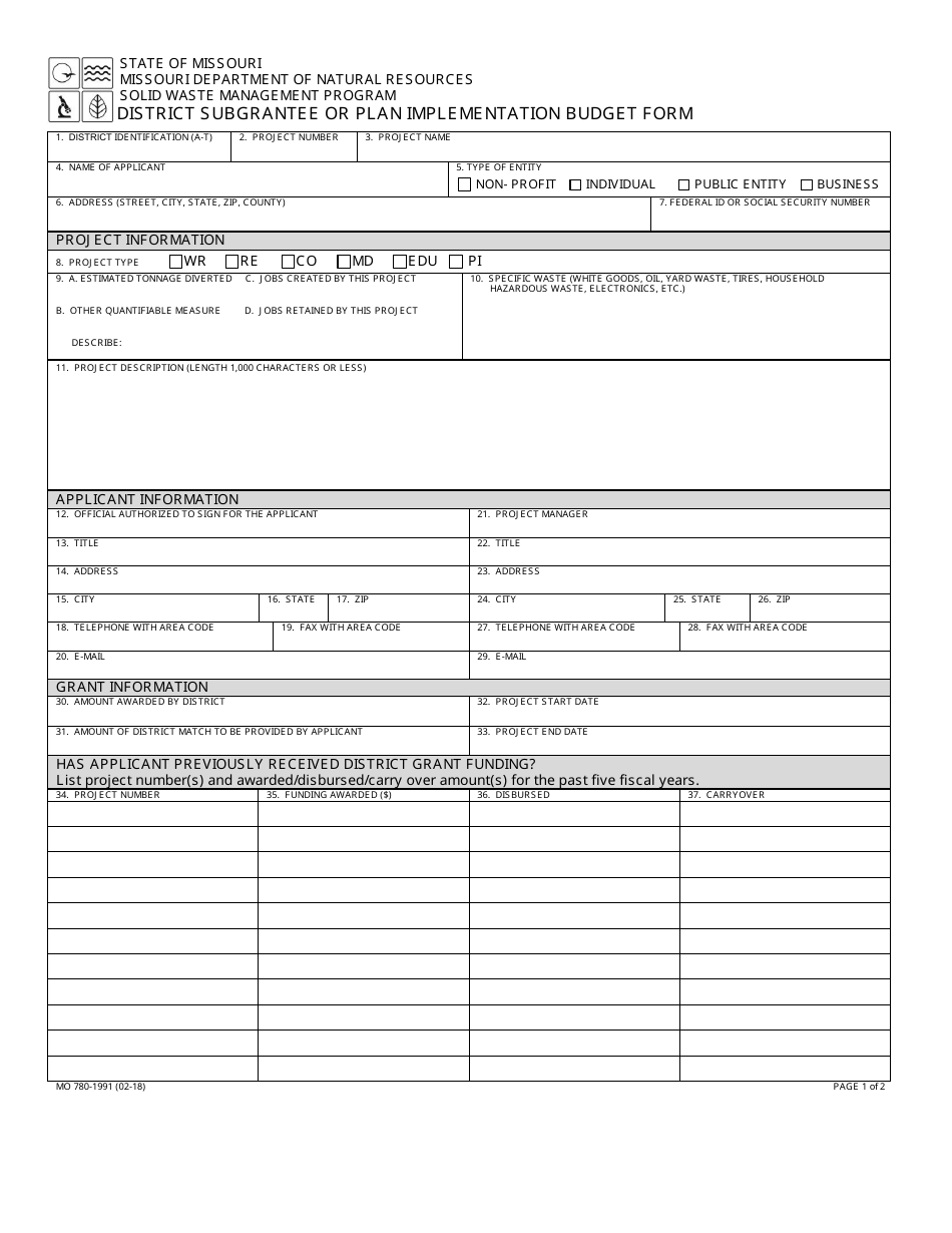 Form MO780-1991 District Subgrantee or Plan Implementation Budget Form - Solid Waste Management Program - Missouri, Page 1
