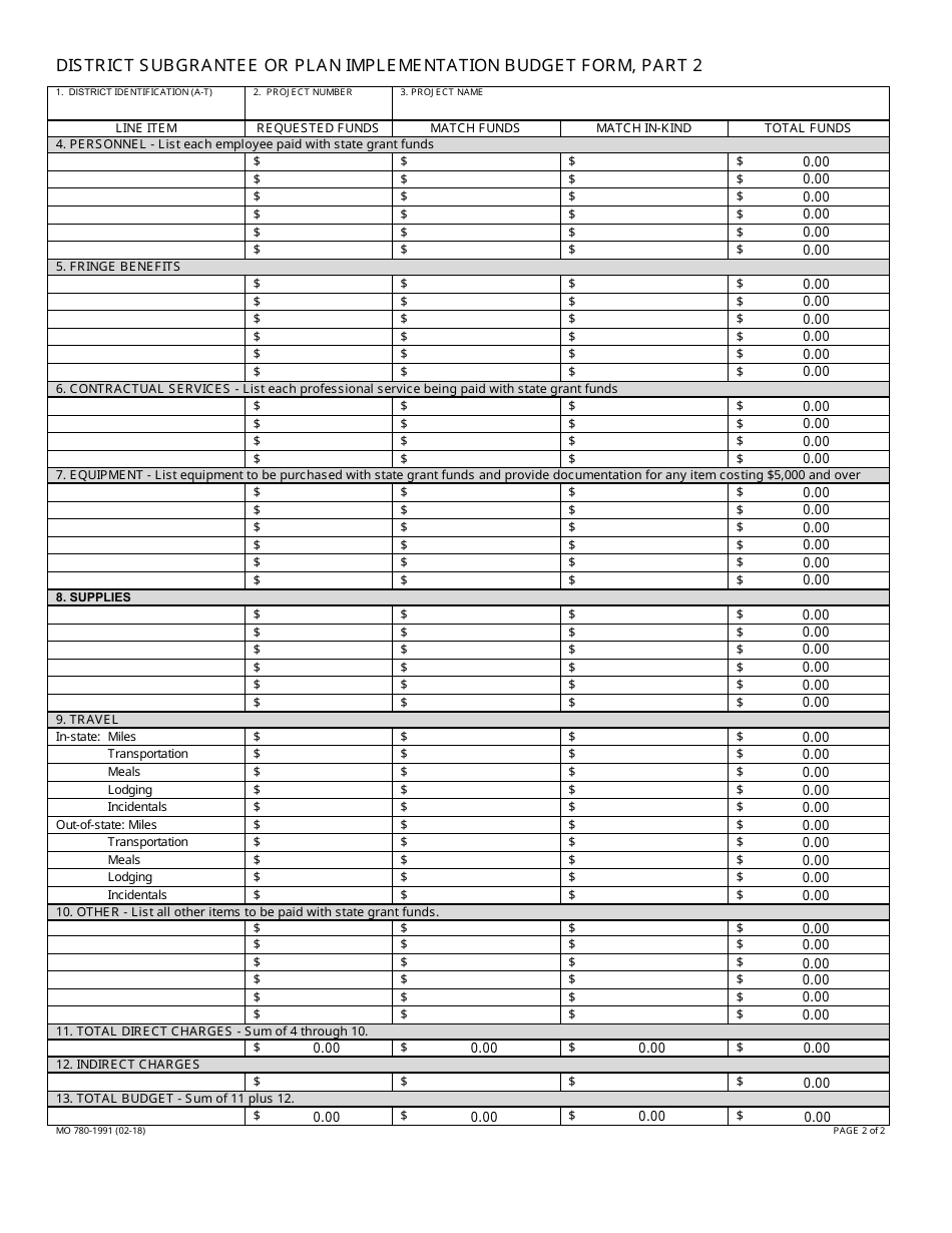 Form MO780-1991 District Subgrantee or Plan Implementation Budget Form - Solid Waste Management Program - Missouri, Page 2