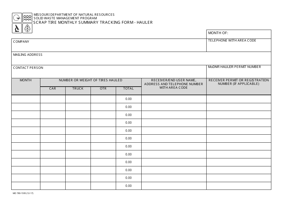 Form MO780-1595 Scrap Tire Monthly Summary Tracking Form - Hauler - Solid Waste Management Program - Missouri, Page 1