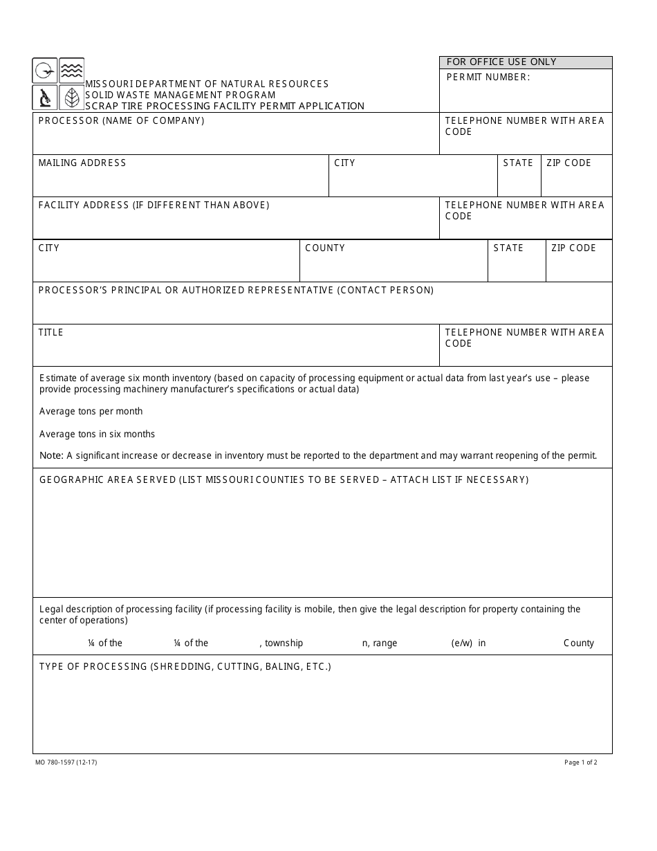 Form MO780-1597 Scrap Tire Processing Facility Permit Application - Solid Waste Management Program - Missouri, Page 1