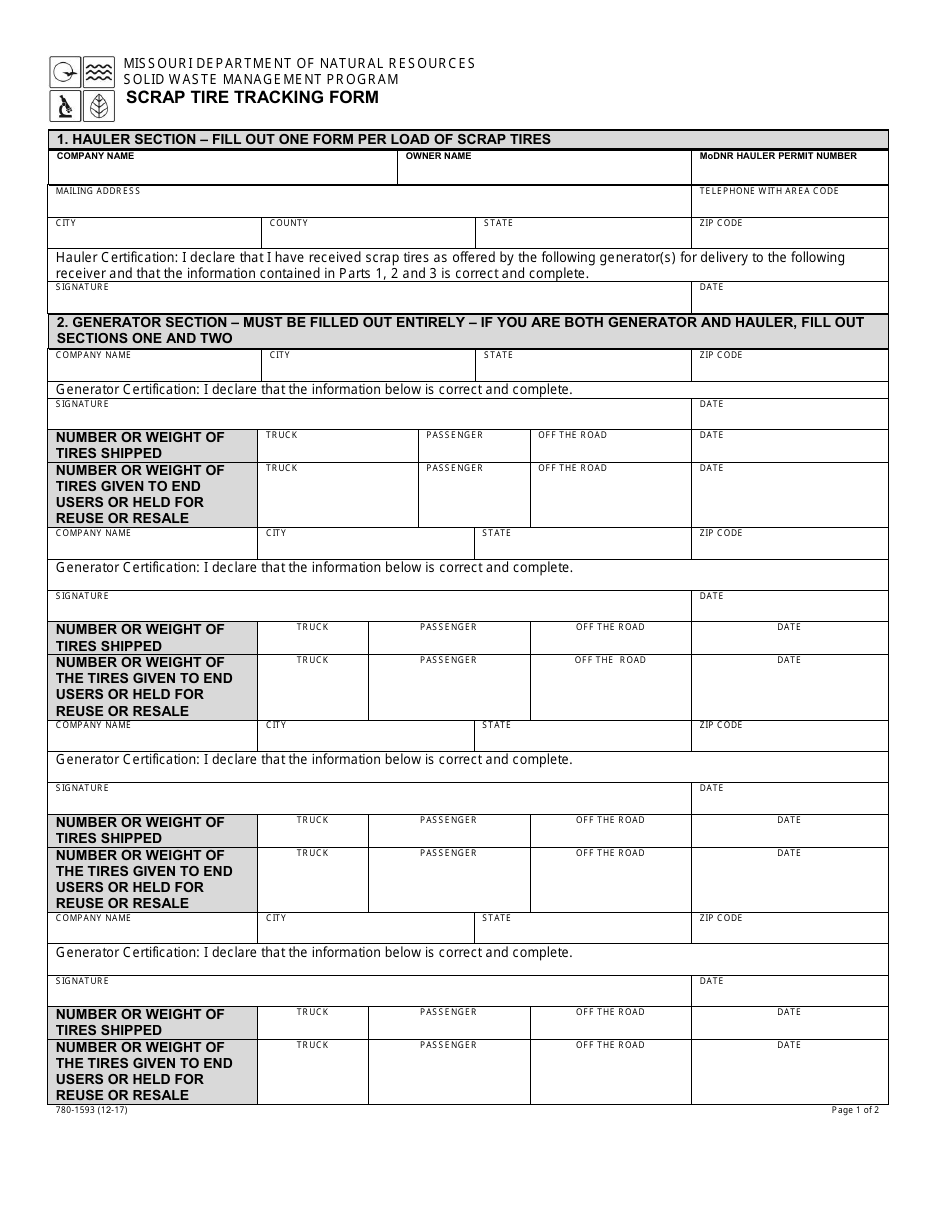 Form MO780-1593 Scrap Tire Tracking Form - Solid Waste Management Program - Missouri, Page 1