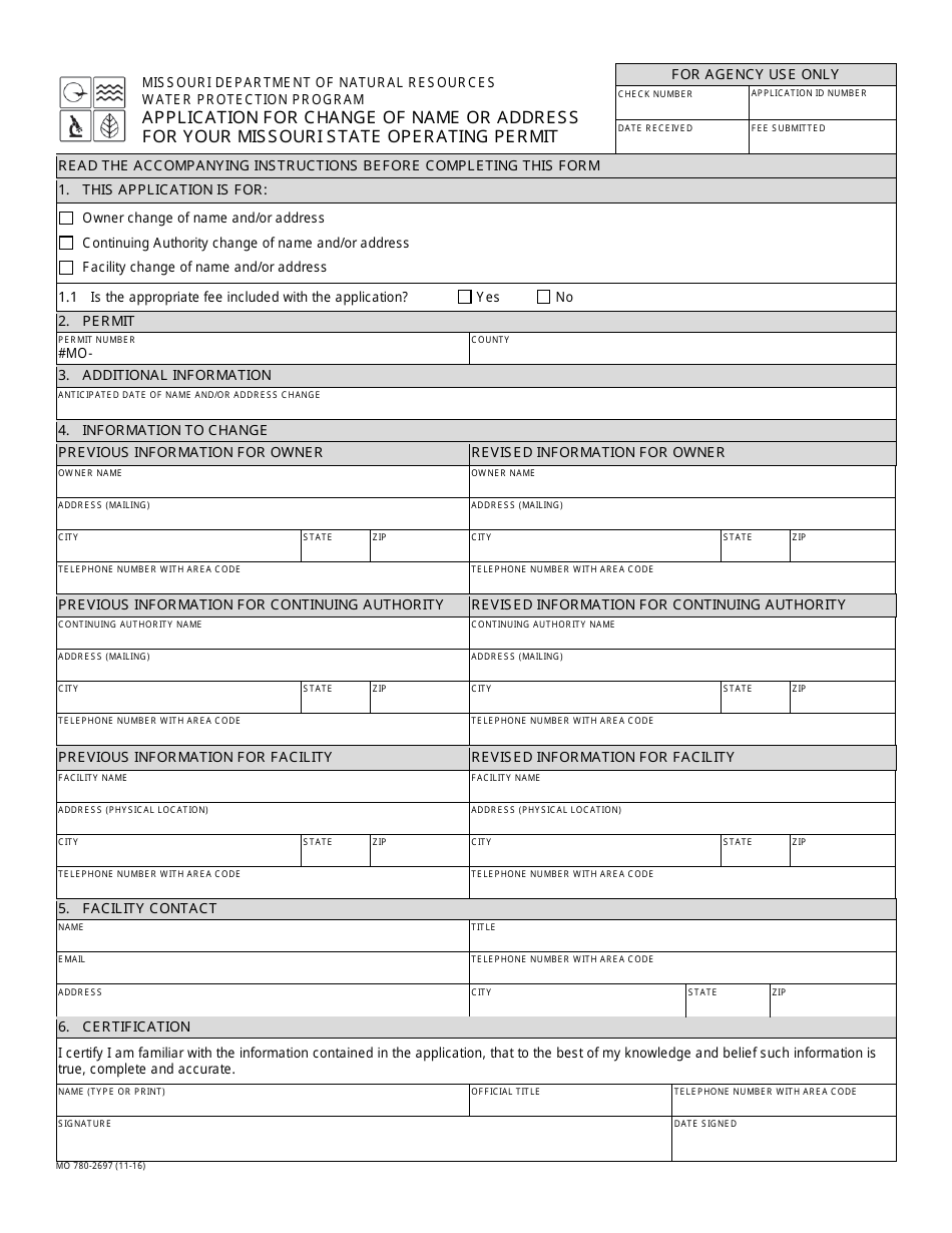 Form MO780-2697 Application for Change of Name or Address for Your Missouri State Operating Permit - Water Protection Program - Missouri, Page 1
