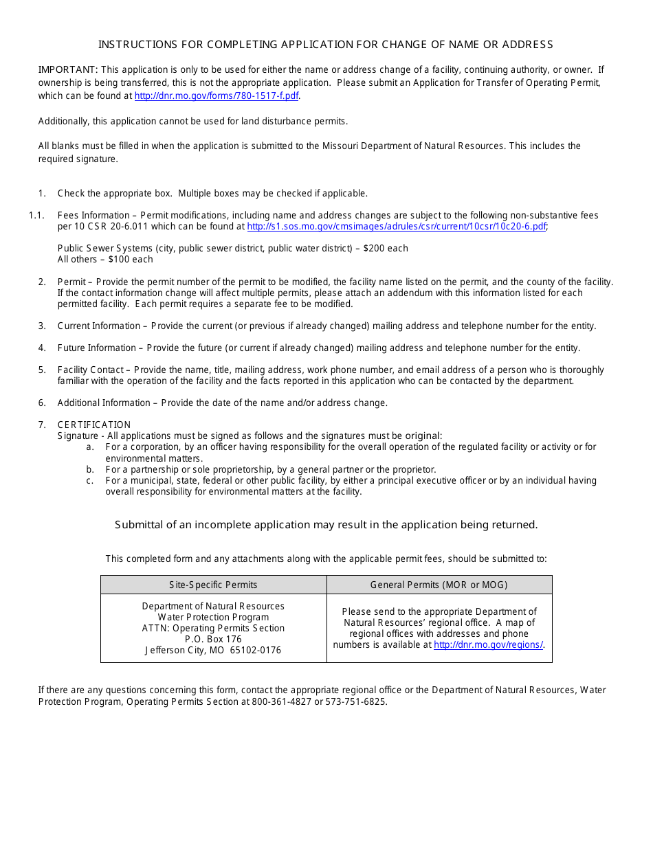 Form MO780-2697 Application for Change of Name or Address for Your Missouri State Operating Permit - Water Protection Program - Missouri, Page 2