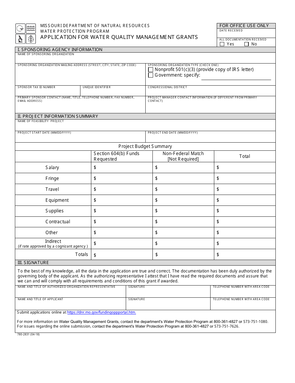 Form MO780-2831 Application for Water Quality Management Grants - Water Protection Program - Missouri, Page 1