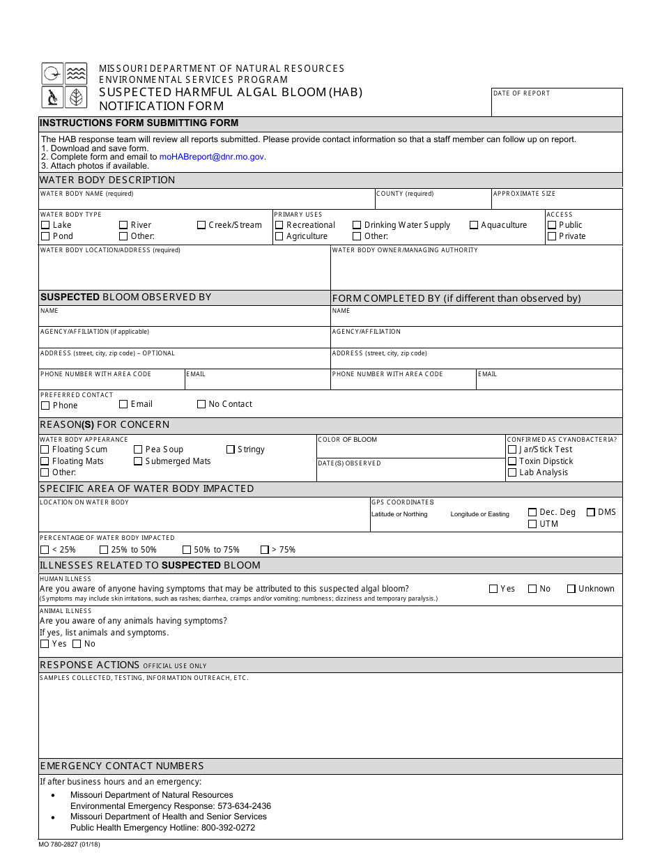 Form MO780-2827 Suspected Harmful Algal Bloom (Hab) Notification Form - Environmental Services Program - Missouri, Page 1