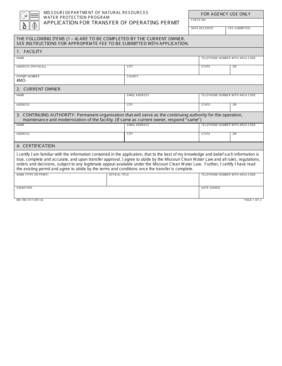 Form MO780-1517 Application for Transfer of Operating Permit - Water Protection Program - Missouri, Page 1