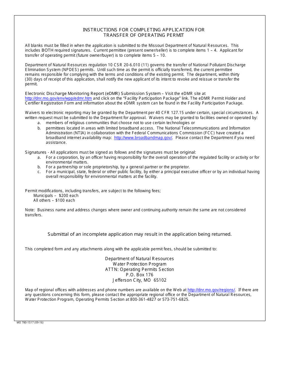 Form MO780-1517 Application for Transfer of Operating Permit - Water Protection Program - Missouri, Page 3