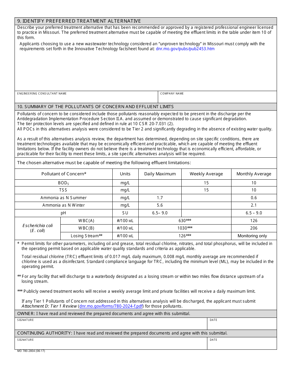 Form MO780-2804 Antidegradation Review Submittal Attachment E: Tier 2 - Significant Degradation Using Departments Alternatives Analysis for Domestic Wastewater Facilities With Design Flow Less Than 10,000 Gallons Per Day - Missouri, Page 4