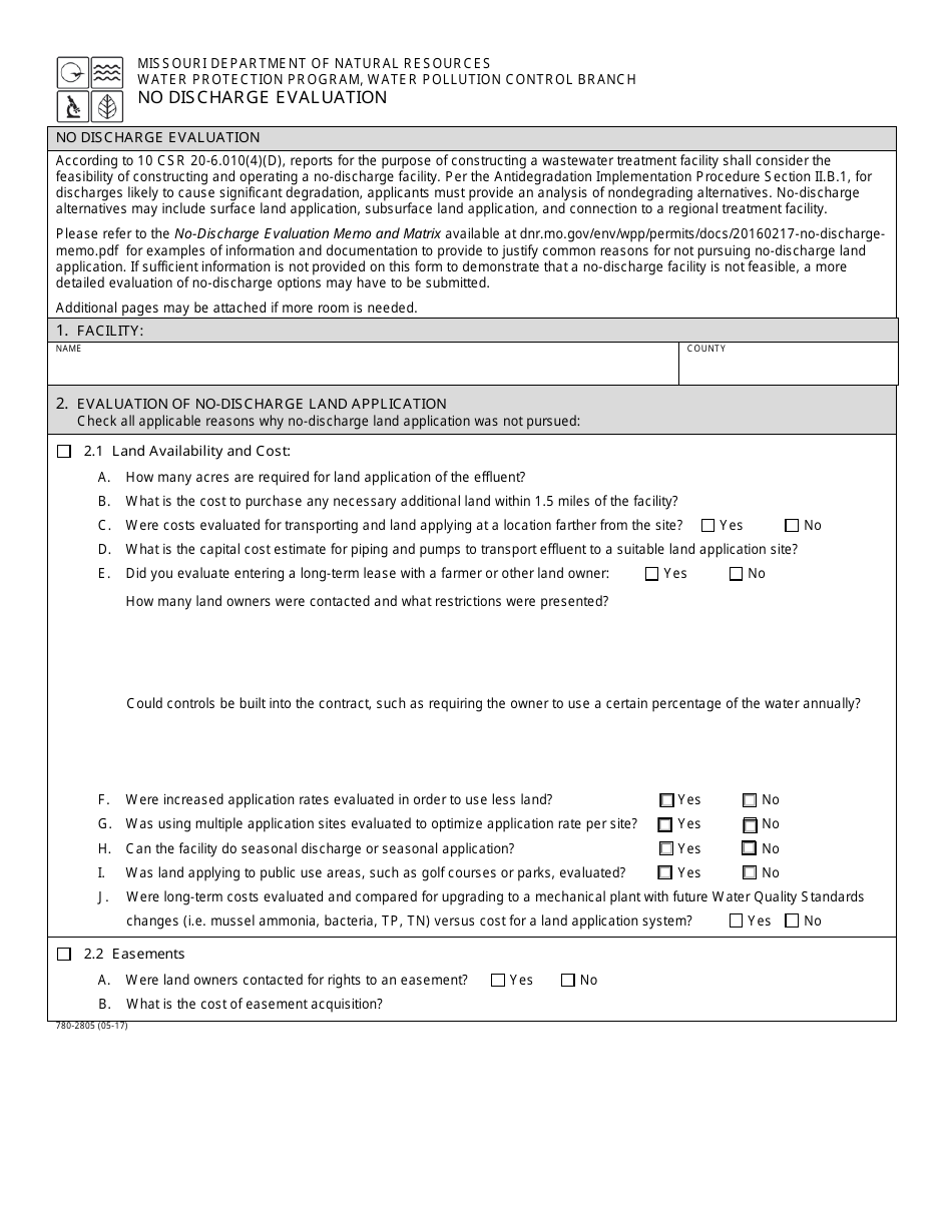 Form MO780-2805 No Discharge Evaluation - Water Protection Program - Missouri, Page 1