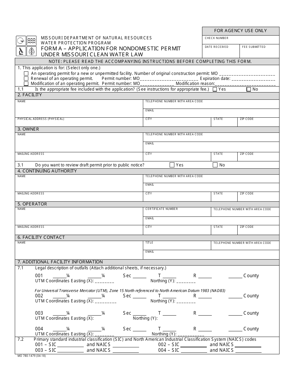 Form MO780-1479 (A) Application for Nondomestic Permit Under Missouri Clean Water Law - Water Protection Program - Missouri, Page 1