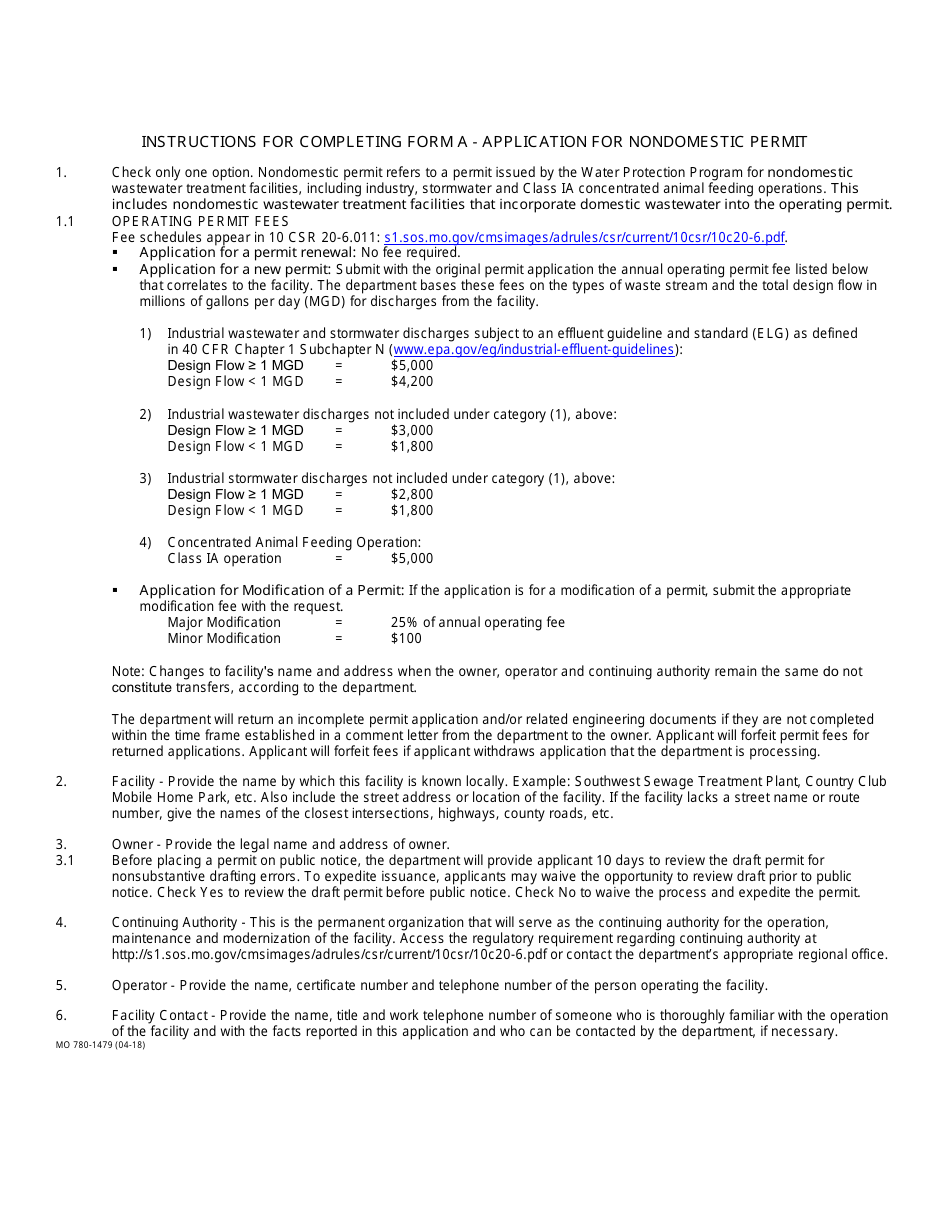 Form MO780-1479 (A) Application for Nondomestic Permit Under Missouri Clean Water Law - Water Protection Program - Missouri, Page 3