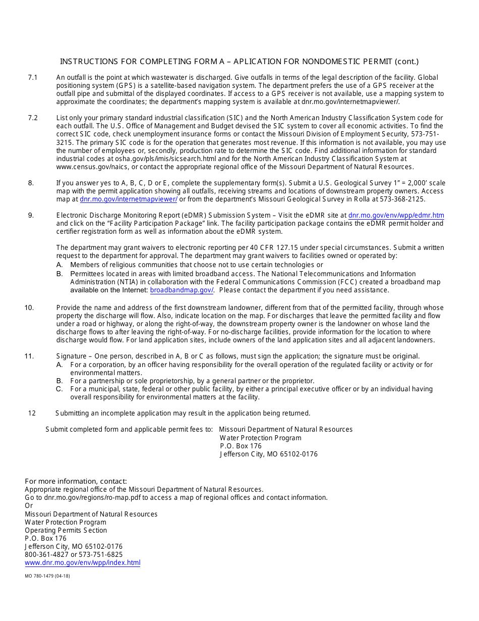 Form MO780-1479 (A) Application for Nondomestic Permit Under Missouri Clean Water Law - Water Protection Program - Missouri, Page 4