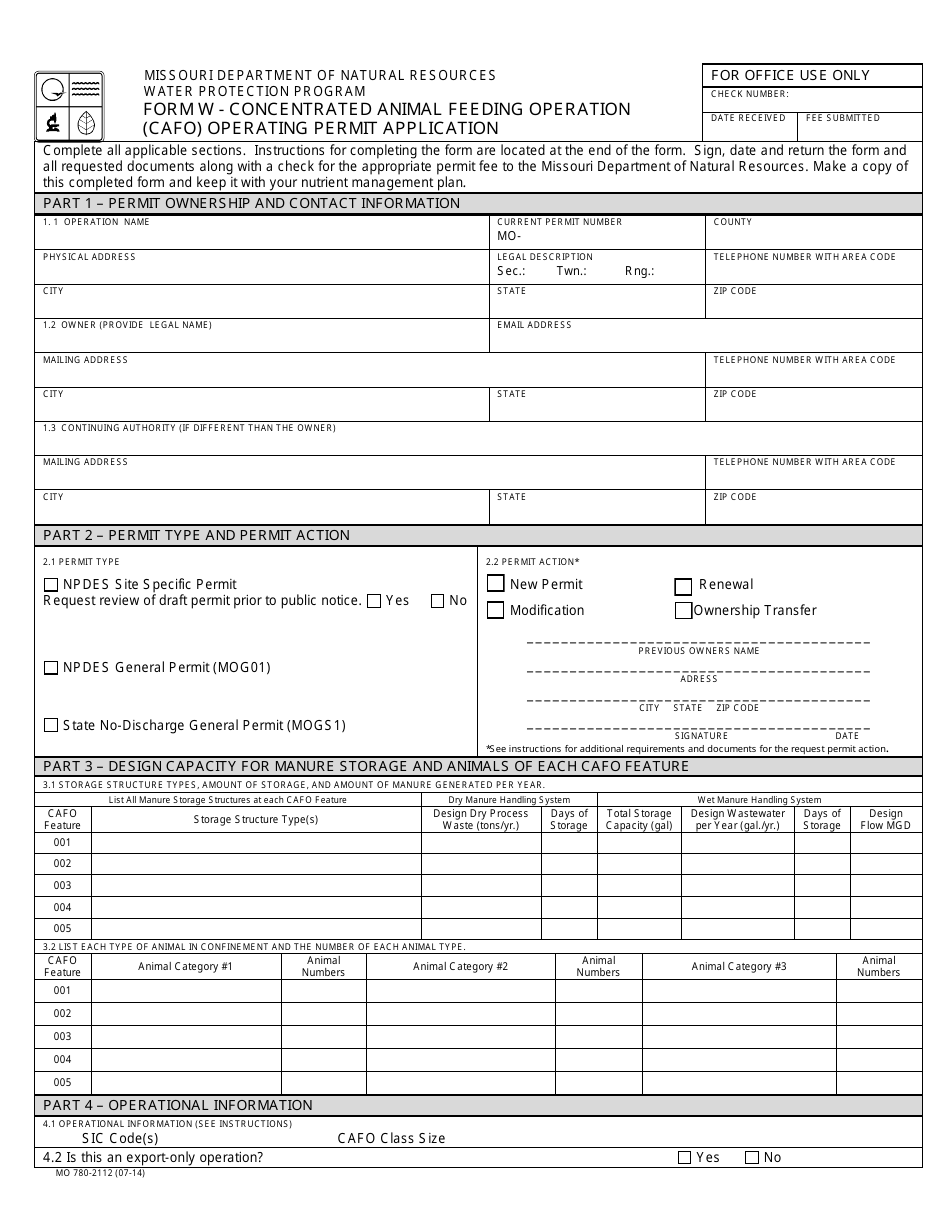 Form MO780-2112 (W) Concentrated Animal Feeding Operation (Cafo) Operating Permit Application - Water Protection Program - Missouri, Page 1