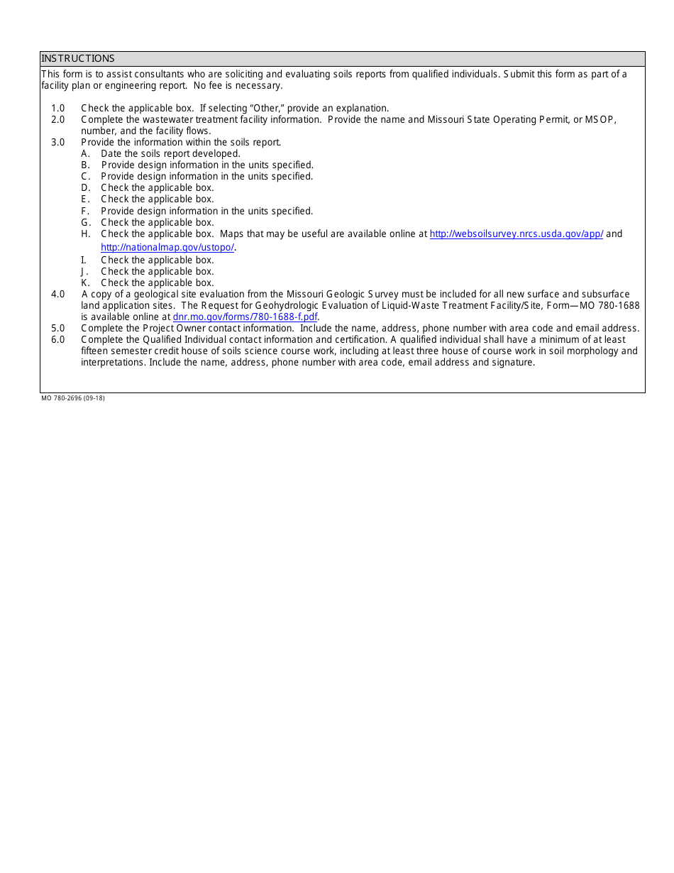 Form MO780-2696 Summary of Soils Report for Land Application of Treated Wastewater - Water Protection Program - Missouri, Page 2