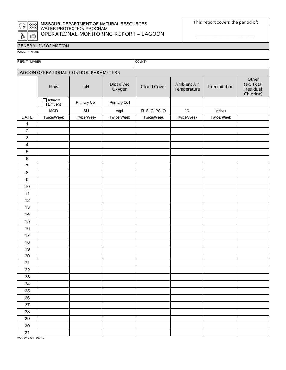 Form MO780-2801 Operational Monitoring Report - Lagoon - Water Protection Program - Missouri, Page 1
