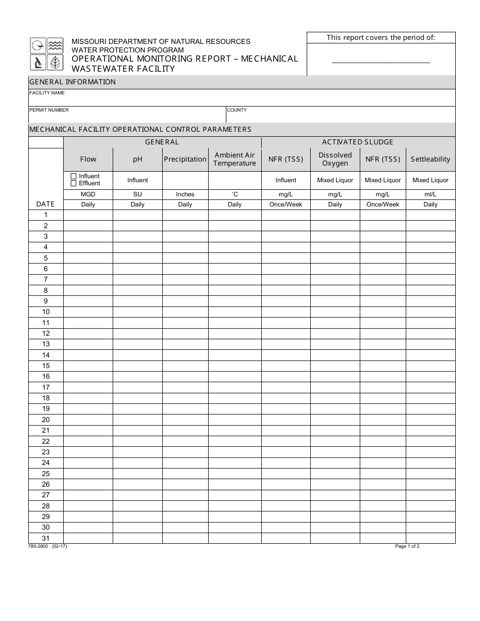 Form MO780-2800 Operational Monitoring Report - Mechanical Wastewater Facility - Water Protection Program - Missouri, Page 1