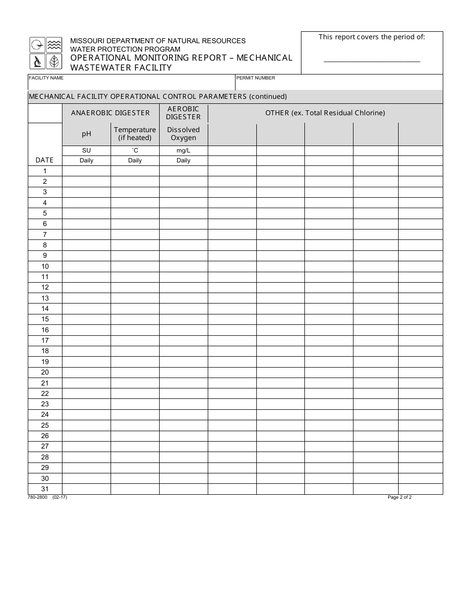 Form MO780-2800 Operational Monitoring Report - Mechanical Wastewater Facility - Water Protection Program - Missouri, Page 2
