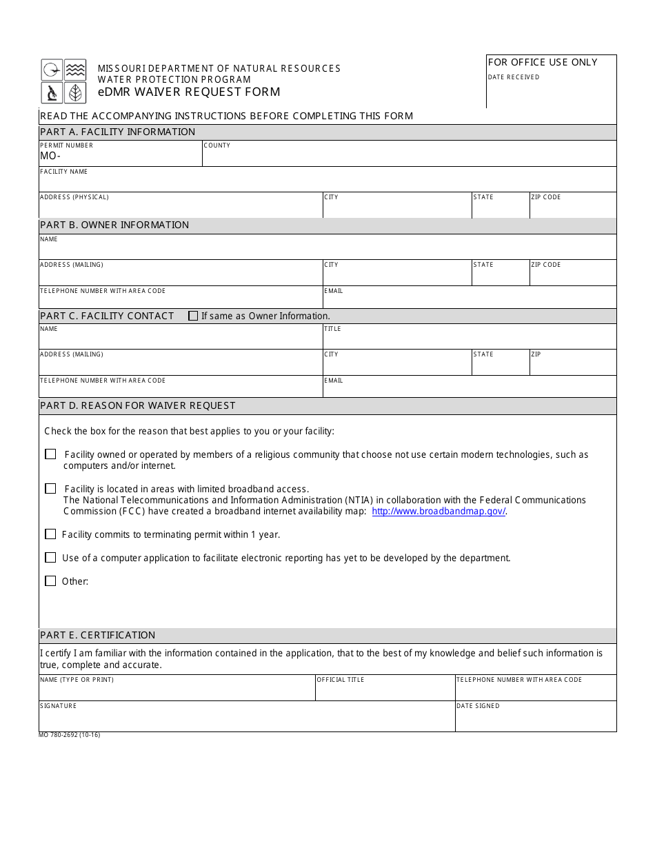 Form MO780-2692 Edmr Waiver Request Form - Water Protection Program - Missouri, Page 1