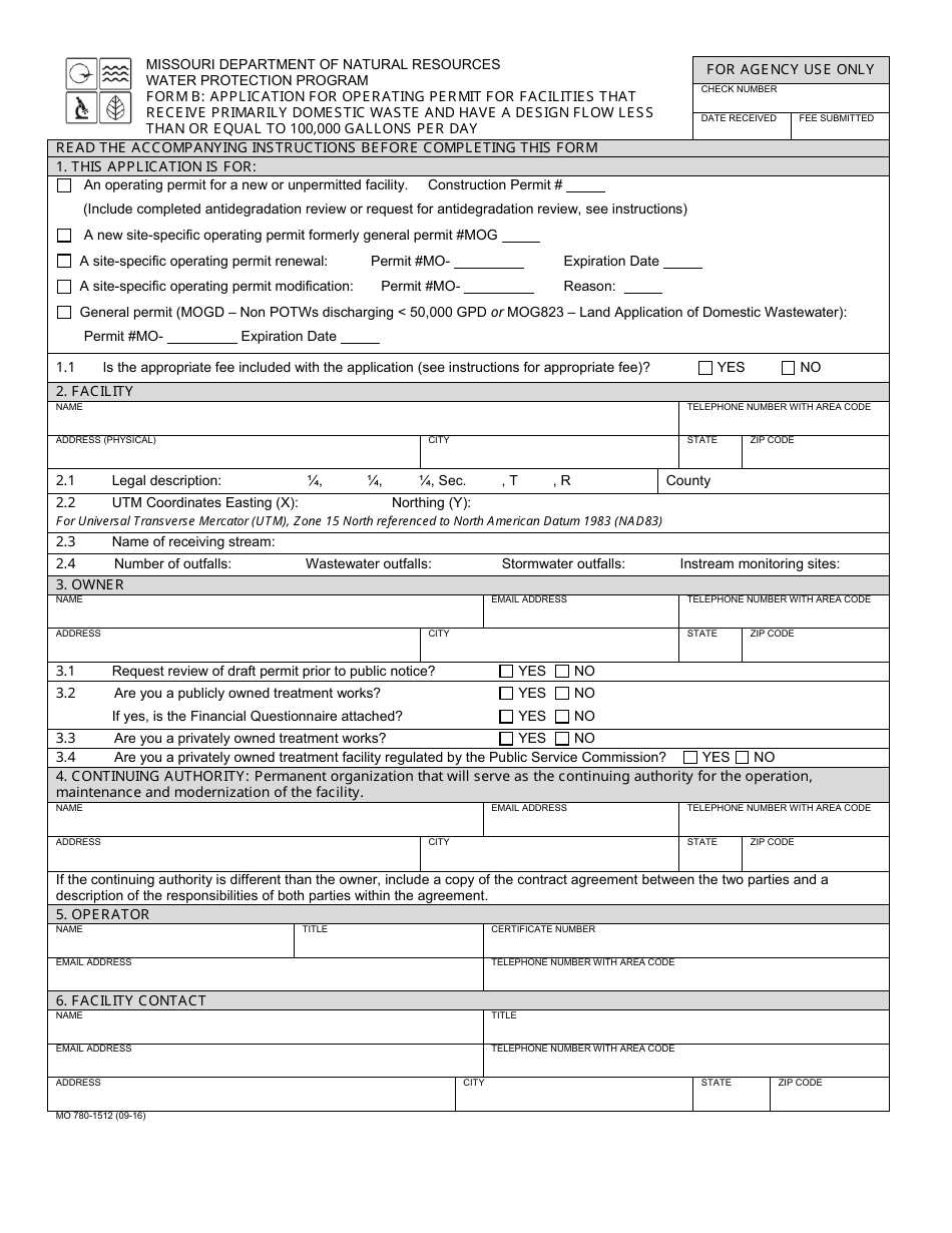 Form MO780-1512 (B) Application for Operating Permit for Facilities That Receive Primarily Domestic Waste and Have a Design Flow Less Than or Equal to 100,000 Gallons Per Day - Missouri, Page 1