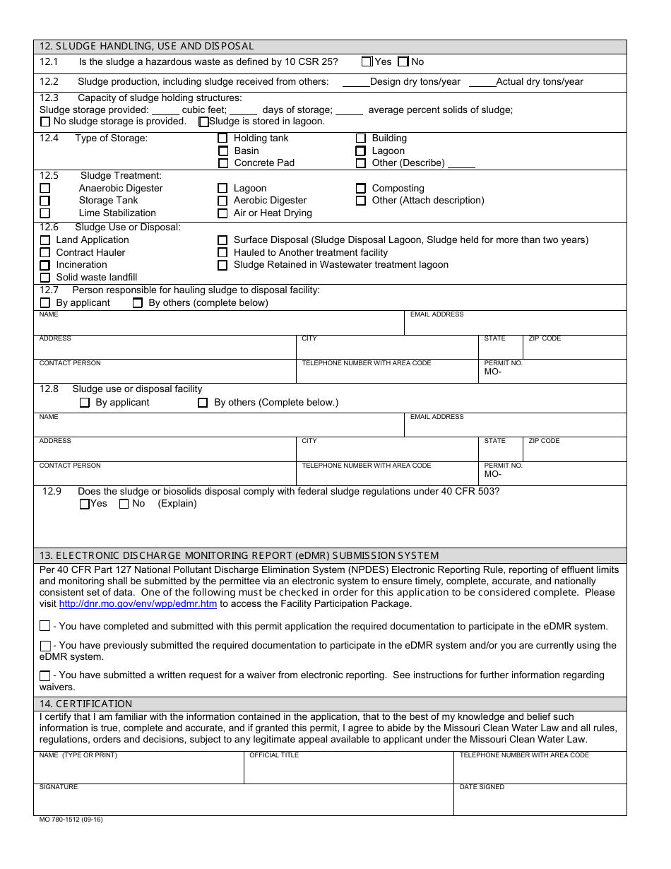 Form MO780-1512 (B) Application for Operating Permit for Facilities That Receive Primarily Domestic Waste and Have a Design Flow Less Than or Equal to 100,000 Gallons Per Day - Missouri, Page 4