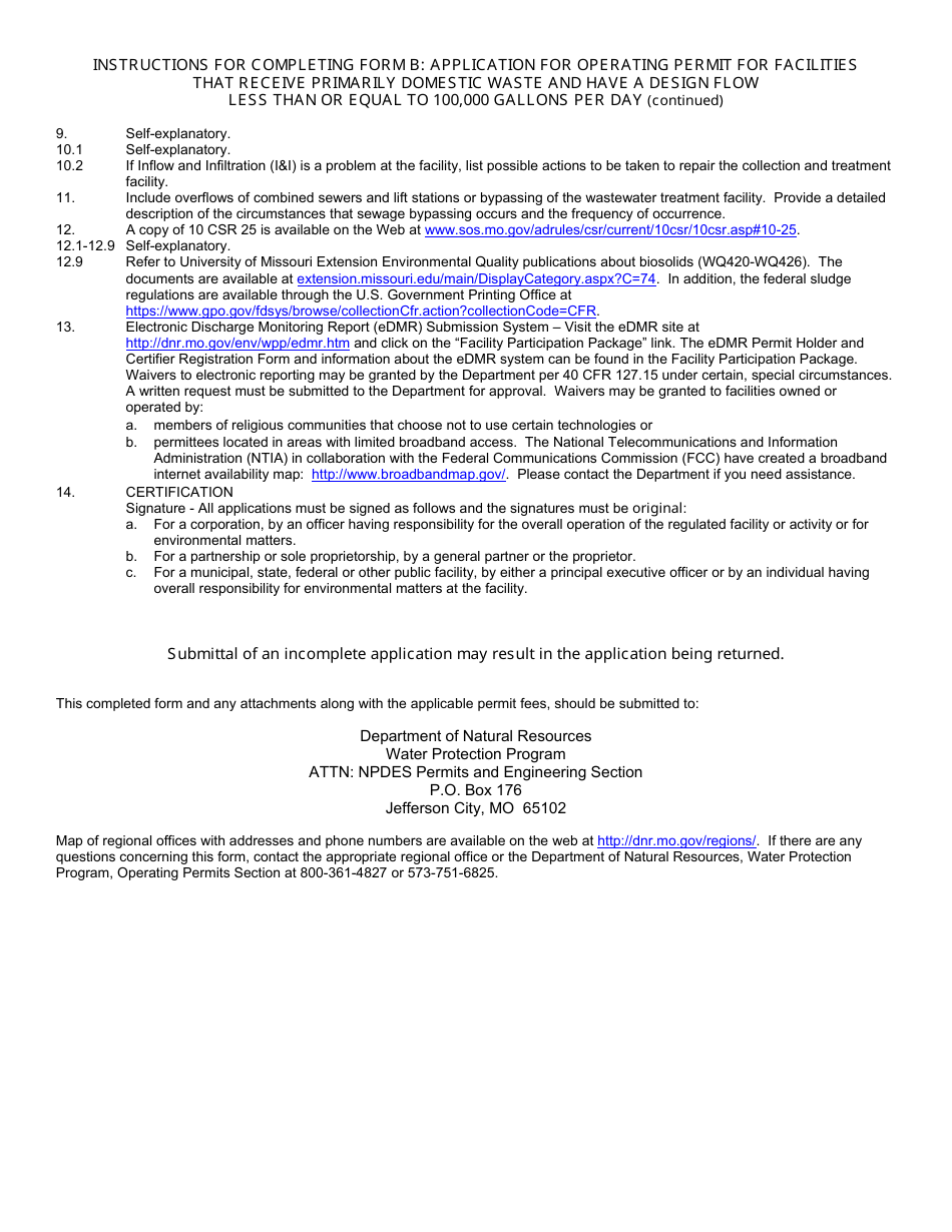 Form MO780-1512 (B) Application for Operating Permit for Facilities That Receive Primarily Domestic Waste and Have a Design Flow Less Than or Equal to 100,000 Gallons Per Day - Missouri, Page 7