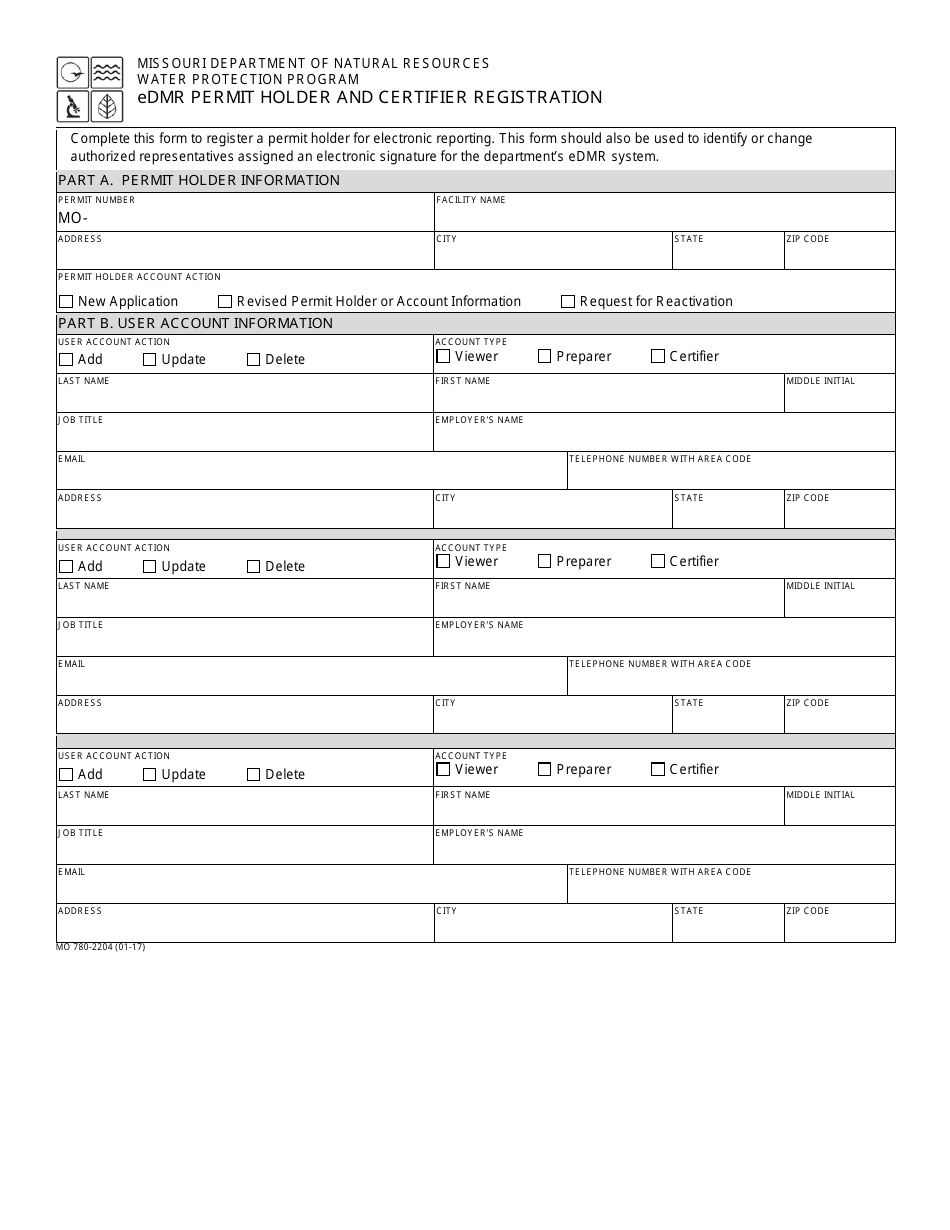 Form MO780-2204 Edmr Permit Holder and Certifier Registration - Water Protection Program - Missouri, Page 1