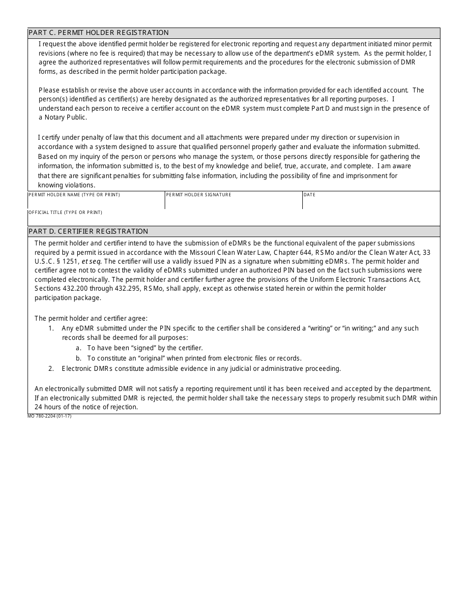 Form MO780-2204 Edmr Permit Holder and Certifier Registration - Water Protection Program - Missouri, Page 2